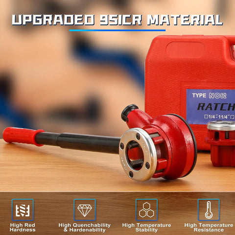 Ratcheting Pipe Threader Kit Pro Grade With 3 NPT Dies One Half Inch Three Quarters Inch One Inch Manual Tool with red storage case
