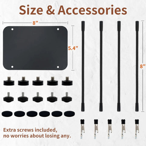 Dimensions and accessories of Upgraded Helping Hands Soldering Station With Four Flexible Arms Third Hand Soldering Tool