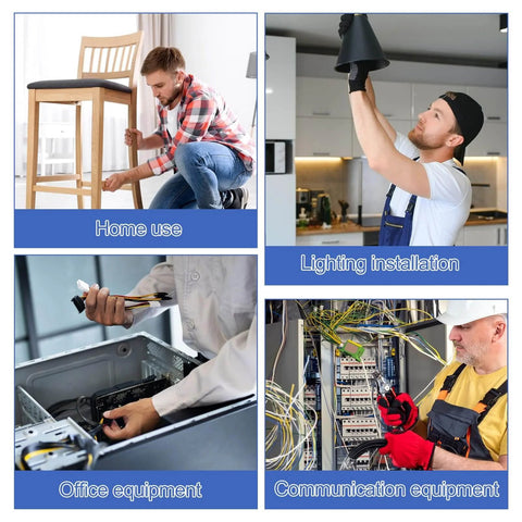 Four images showing home use, lighting installation, office equipment, and communication equipment maintenance.