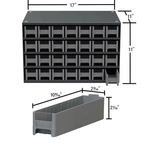 Heavy Duty Garage Storage Cabinet With 28 Drawers For Small Parts And Hardware, 17 W x 11 D x 11 H, gray cabinet and drawer