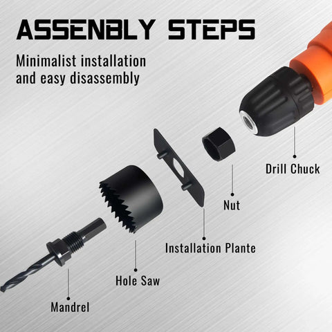 Step-by-step assembly of All In One Hole Saw Kit With 23 Pieces From Three Quarter Inch To Six Inch For Soft Wood Plastic PVC Drywall.