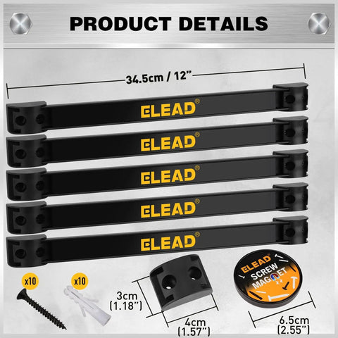 Product details of Beefy Magnetic Tool Holder Storage Organizer Set, 6 Piece, 12 Inch Wall Mount Rack shown with screws and magnets