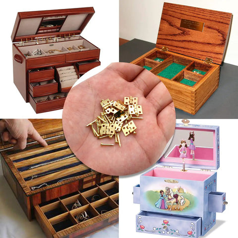 24 Pack Mini Brass Hinges 180 Degree Rotation For Jewelry Box Cabinet DIY Projects With Mounting Nails Golden Durable 10x8mm Hardware Includes Small Plastic Carrying Box.