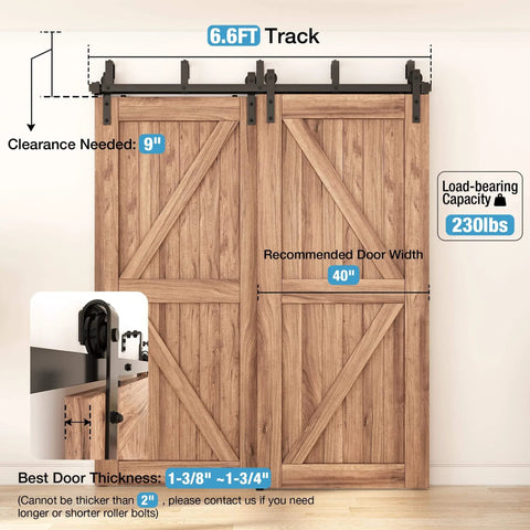 Double Track Bypass Sliding Barn Door Hardware Kit For Two Doors With J Shape Hanger 6.6 Foot Rail Low Ceiling Friendly, wooden doors view.