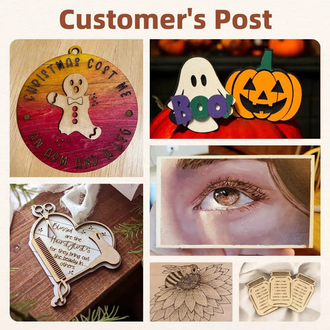Collage of DIY crafts including Christmas ornaments, Halloween decor, realistic eye drawing, and engraved wooden designs.