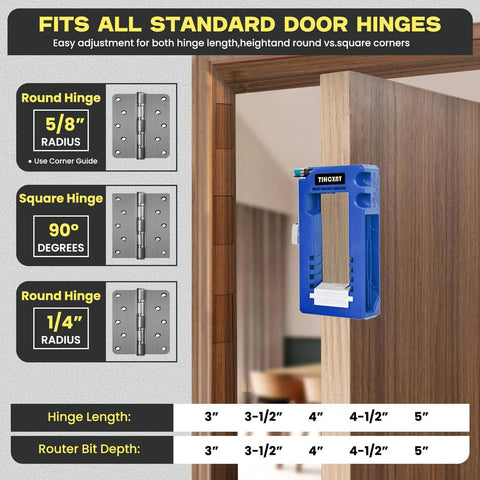 Blue Door Hinge Jig And Router Template for 3 to 5 inch hinges installed on door with round and square hinge options visible.