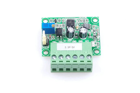 Top view of 3.3V PWM to 0-10V Converter Module for PLCs and industrial controls, showing circuit board and connection terminals.