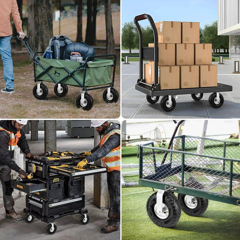 Heavy Duty Pneumatic Casters 10 Inch 4 Pack With 2 Swivel And 2 Rigids, 1200 Lbs Capacity, on workbenches, carts, trolleys, wagons