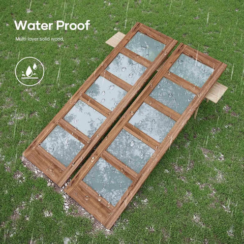 Double 24 By 84 Inch Glass Barn Doors With 48 Inch Width Eight Foot Hardware Kit And Handle Included Five Panel Frosted Glass LVL Wood Panel Waterproof PVC Surface Pre Drilled Holes Easy Assembly laying on wet grass with rain.