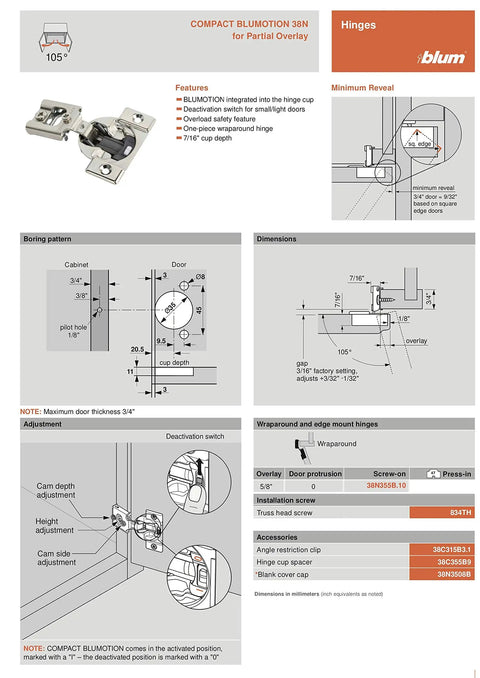 Space-Saving Compact Soft-Close Hinge With Blumotion, 105 Degree Swing, Five-Eighths Overlay, Screw-On Mount, installation guide
