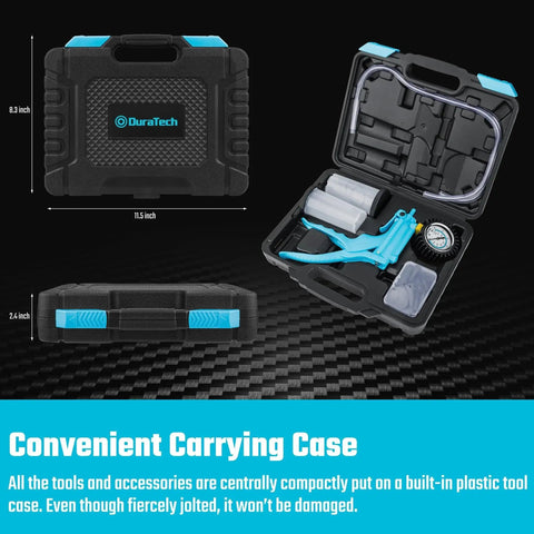 DuraTech 2-in-1 brake bleeder kit in a portable case; blue handheld vacuum pump, gauge, and hoses.
