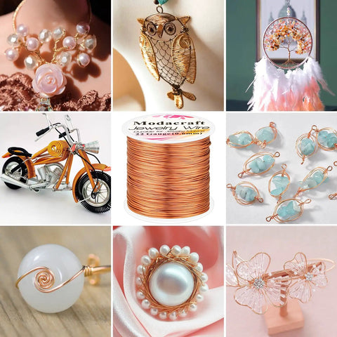Image collage showcasing various jewelry made with the Copper Wire Jewelry Making Kit With 164ft Of 0.6mm Bare Copper Wire And 4 In 1 Pliers For Beading And Crafting Supplies Easy To Bend And Create Like A Pro Modacraft.
