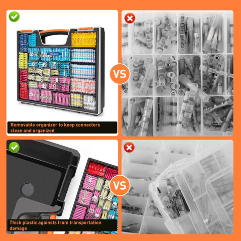 Kuject 1500-piece waterproof heat-shrink insulated wire connector kit in a color-coded organizer for marine and automotive use.