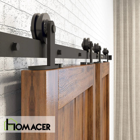 Installed view of Black Rustic Sliding Barn Door Hardware Kit For Two Doors With 7ft Flat Track And T Shape Rollers Heavy Duty