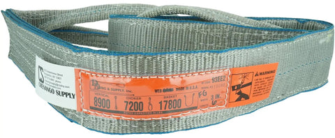 Chenango Supply lifting sling, 3 in x 6 ft, gray polyester with blue edges, orange tag with 8900/7200/17800 lb ratings.