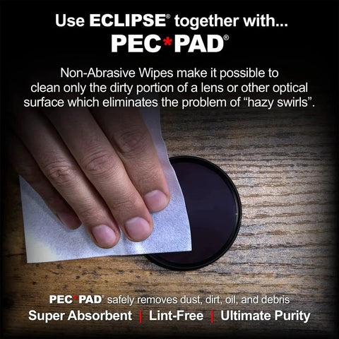 Hand using non-abrasive wipe on lens with text about optical cleaning benefits.