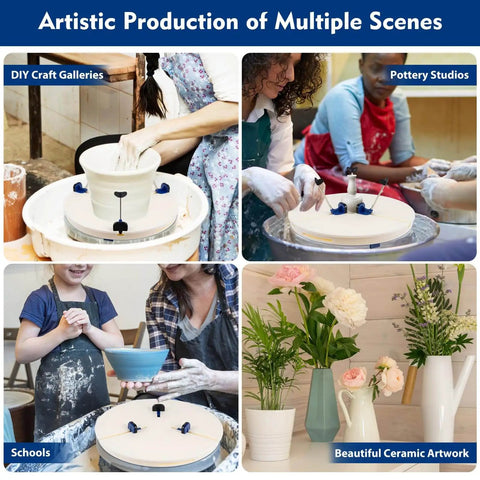 Various uses of Portable Pottery Turntable Clamp For Clay Craft Adjustable Centering Tool in studios, schools, and galleries.