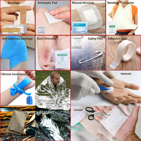 Collage of first aid supplies such as bandages, antiseptic pads, wound dressings, and emergency blanket from the 293 Piece First Aid Kit Set With MOLLE Pouches For Outdoor Activities And Travel In Red Everyday Carry Ready Emergency Survival Must Haves For Home School Hiking Car Camping Quick Response Medical Supplies