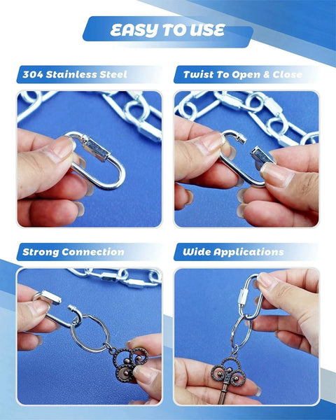 Hands demonstrating 20 Pack Alloy M3.5 D Shape Locking Quick Links One Eighth Inch Chain Repair Links for Outdoor Gear Travel Pet Keychains.