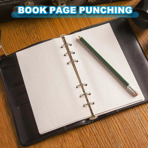 Open notebook with grid paper and pencil, showcasing book page punching feature for 1/4 Inch Single Hole Punch Kit, 12 Pack Handheld Metal Paper Puncher