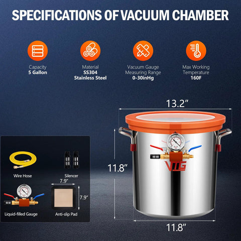 VTG vacuum chamber, 5 gallon, stainless steel with orange lid and built-in gauge
