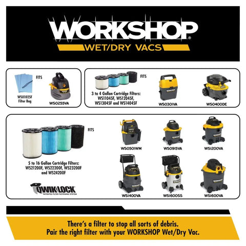 Various Workshop wet dry vac models, filters, and accessories displayed, suitable for different filter sizes, shop vac product options.