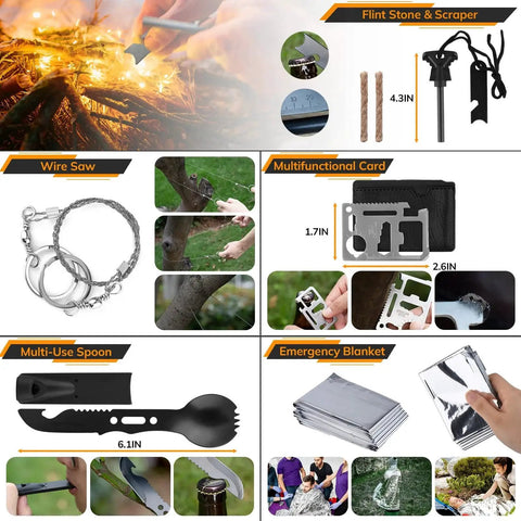 250 In 1 Survival Kit with 250 Pieces of Tactical Gear and Trauma Bag - Flint Stone, Wire Saw, Multifunction Card, and More