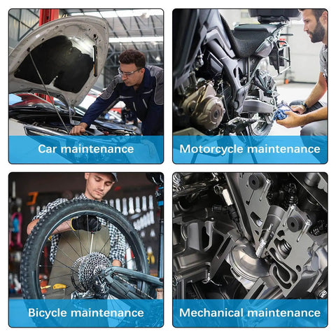 Collage showing car, motorcycle, bicycle, and mechanical maintenance activities.