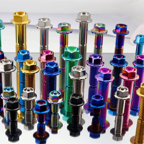 Assorted Titanium M6 Flanged Hex Bolts Set, 1.0mm Pitch, Ti 6Al 4V Grade 5 Alloy visible in various colors and sizes.