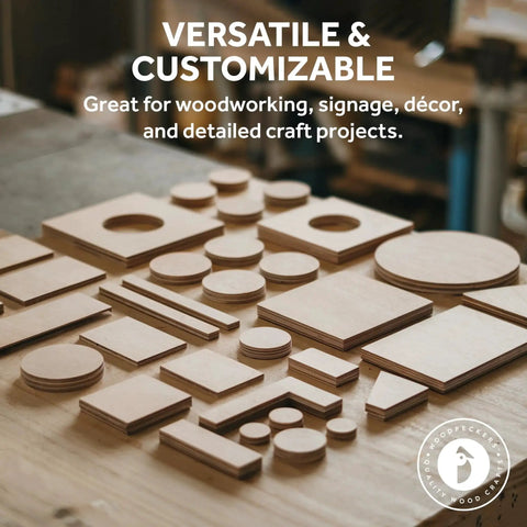 Custom Cut Baltic Birch Plywood For Laser, CNC Cutting And Wood Burning, B/BB Grade Craft Wood on a table in various shapes.