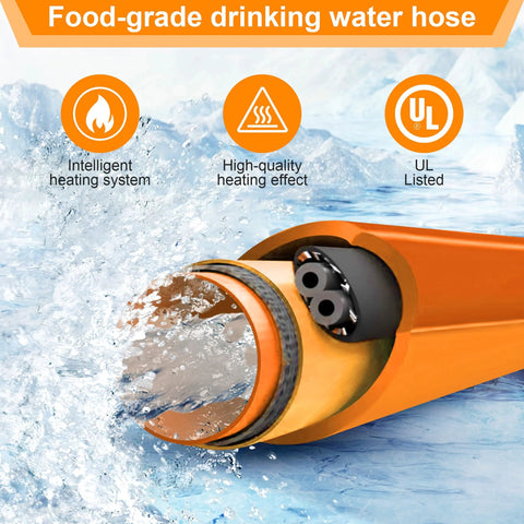 Ficstar heated drinking water hose, orange, 5/8 inch ID with 3/4 inch GHT adapter for RV use