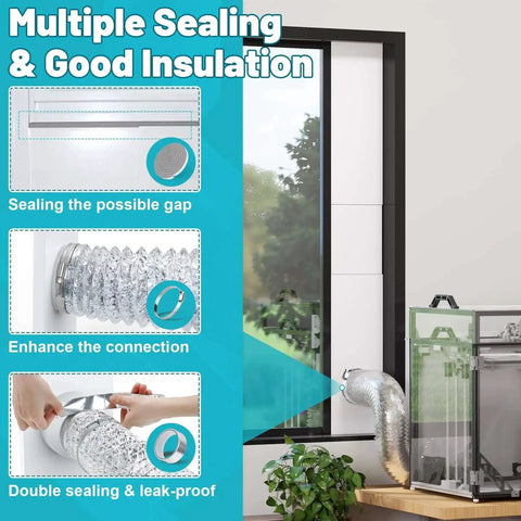 Window Vent Kit for 3 Inch and 4 Inch Ducts installed in window with adjustable seal and louvered air vent cover for laser engraver use.