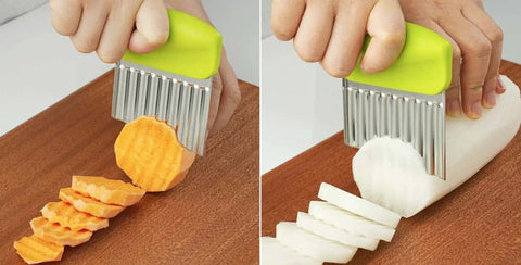 Fun Crinkle Cutter Knife Set Two Pack For Potatoes Vegetables And Fruits, Wavy Slicer in use with sweet potato and radish