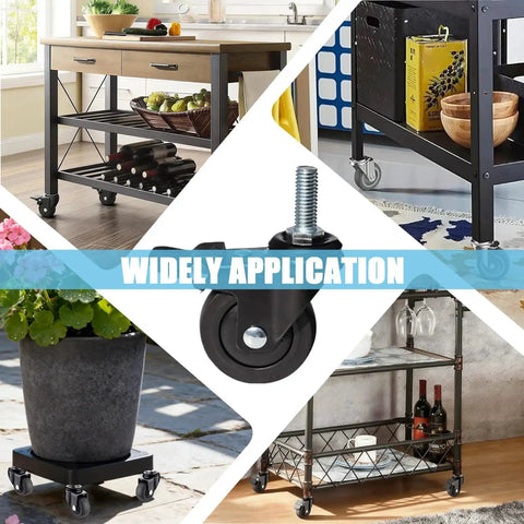 1 Inch Mini Swivel Caster Wheels Set With M6x15mm Threaded Stem Silent TPE Rubber Brake Rollers For Light Furniture And Small Trolleys, 4 Pack, Each 45kg 99lbs Load Capacity, Includes Nuts And Wrench, shown in various furniture applications.