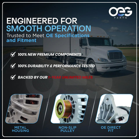 Heavy-duty truck alternator focusing on metal housing, non-slip pulley, OE direct fit for Volvo Kenworth Freightliner engines.