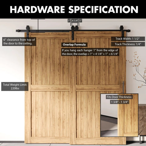 Black Rustic Bypass Sliding Barn Door Hardware Kit For Two Doors, 8ft Track with installed wooden barn doors, hardware specs visible