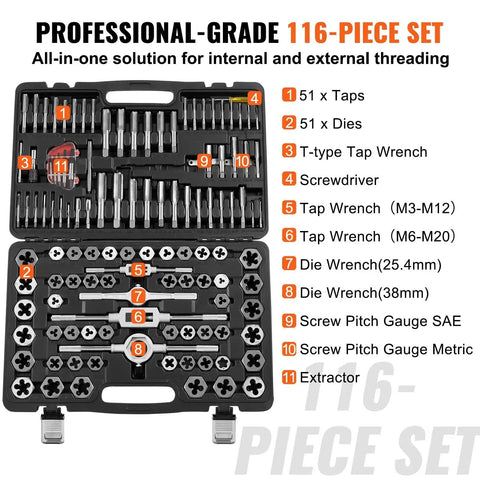 Open case of a 116 Piece Tap And Die Set For Metric And SAE Threads With Hardened Bearing Steel Taps And Dies Includes Full Accessories And Storage Case For Cutting External And Internal Threads In Tough Work Environments.