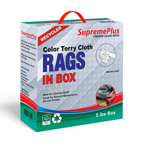 5 lbs box of recycled color terry cloth heavy-duty cleaning towels for garage, industrial use, and housekeeping visible
