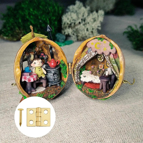 ZIUZI 60Pcs Mini Hinges, 270 Degree Rotation Miniature Furniture Hardware, 10x8mm Gold Tiny Hinges with Mounting Nails for Jewelry Box Closet DIY Accessories displayed next to an open miniature decorative scene.
