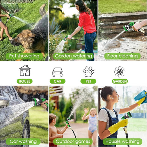 FlexiSolve 100 ft garden hose with spray nozzle; collage shows garden watering, pet washing, car washing, and cleaning.