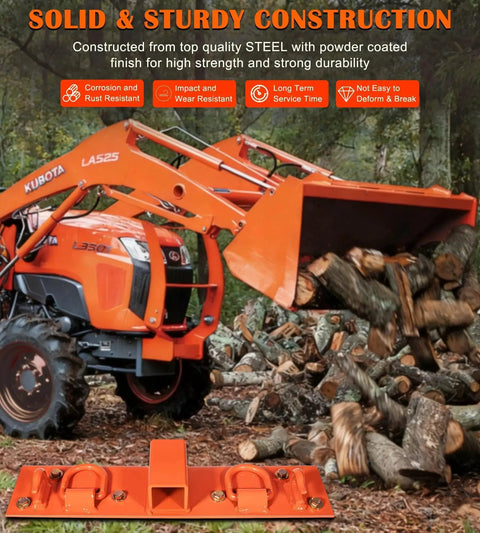 Kubota tractor with orange Bolt On Tractor Grab Hooks For Kubota Buckets With D Rings 2In Receiver Orange lifting logs.