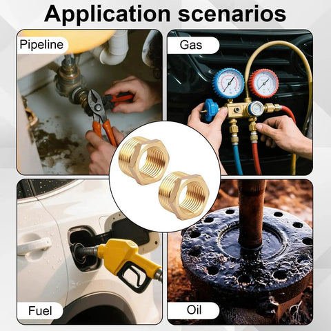Application scenarios for Brass Reducer Hex Bushing Set 3 4 NPT Male To 1 2 NPT Female including pipeline, gas, fuel, and oil uses.