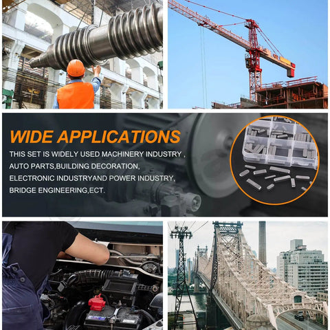 Collage of industrial applications featuring 140Pcs Key Stock Set, construction site, machinery, and bridge engineering.