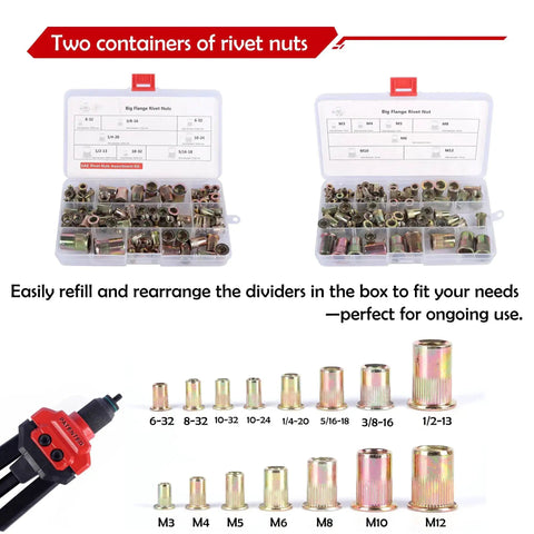 Rivet Nut Tool Kit With 16 Inch Gun 15 Mandrels 200 Rivet Nuts In Two Boxes Carrying Storage Case And Quick Change Mandrel System