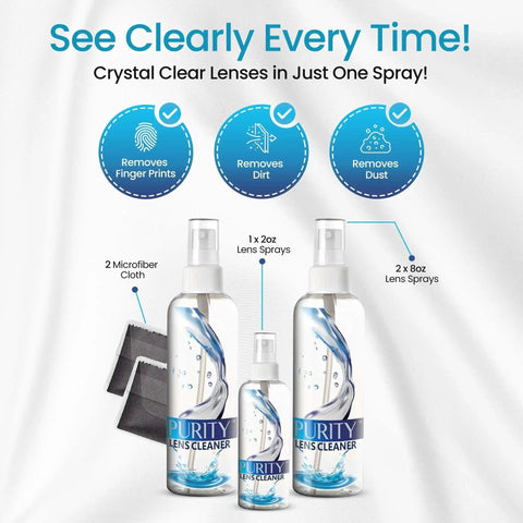 Eyeglass Lens Cleaner Kit With 2x8oz Bottles And 1x2oz Bottle Microfiber Cloths, showing two large and one small spray bottle with cloths