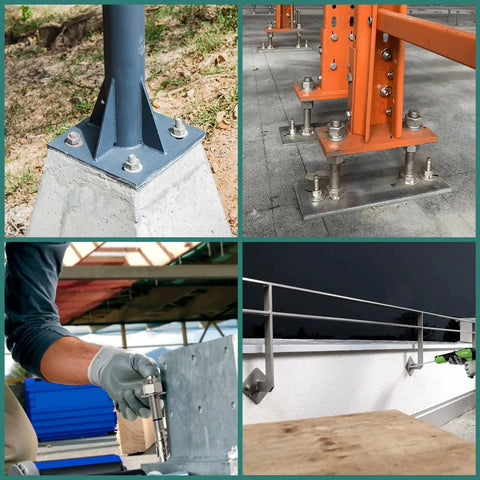 Installation of Three Eighths Inch By Three And Three Quarters Inch Concrete Anchors 25 Pack Stainless Steel Wedge Bolts in various settings