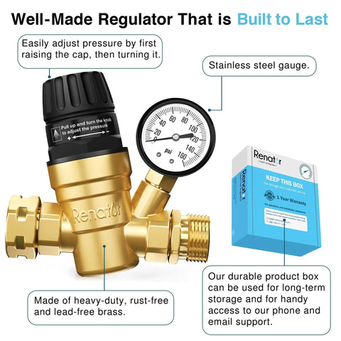 Adjustable Brass RV Water Pressure Regulator With Gauge For Camper And Travel Trailer Lead Free Filtered Reducer Valve