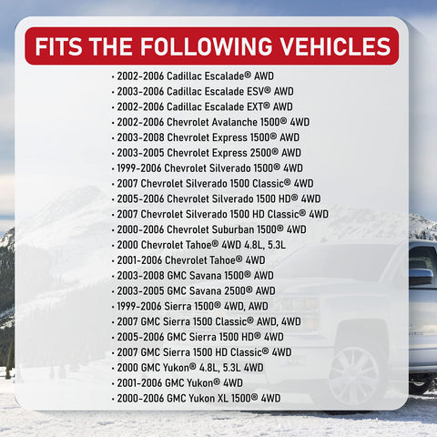 List of vehicles that fit Set Of 2 Wheel Hub Bearing Assembly For 6 Lug 4X4 SuvS With ABS Sensor Cable Fits Chevy Cadillac GMC