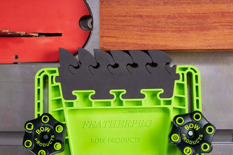 FeatherPRO FP1 Featherboard with EVA feathers on table saw, enhancing kickback resistance and feed control for woodworking tools.