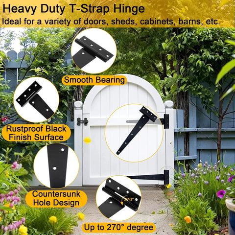 Heavy Duty 12 Inch T Strap Hinges 4 Pack With Screws Rustproof Metal on garden gate with feature highlights